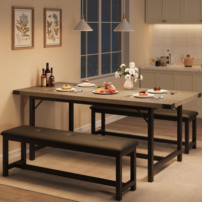 Dining Table Set for 4-6, Extendable Kitchen Table Set with 2 Upholstered Bench for 6,Rectangle Small Extendable Metal Frame Kitchen Table Set for 4 for Apartment, Saving space, Retro Black