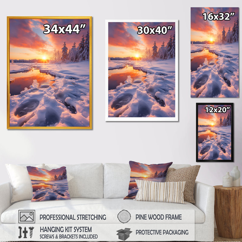 Rose et jaune en hiver, lever de soleil IV - paysage d'hiver, Cadre photo blanc, H 32 po x l 24 po x P 1 po