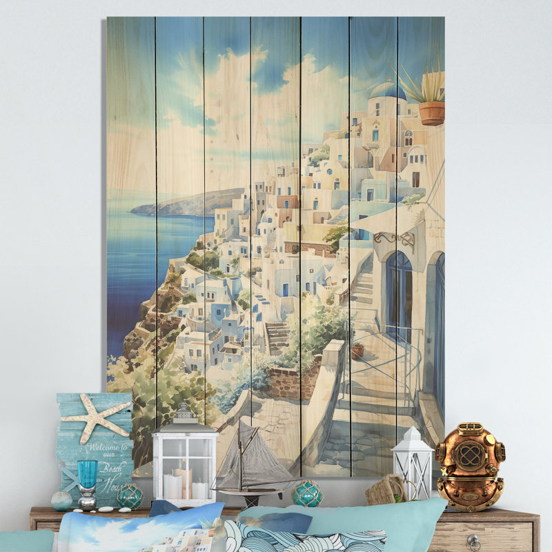 Village côtier des îles grecques I - Grèce sur bois, H 44 po x l 34 po