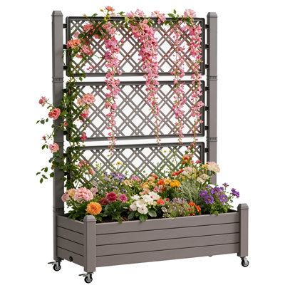 Resin Planter Box With Trellis With Wheels(Light Brown/Gray)