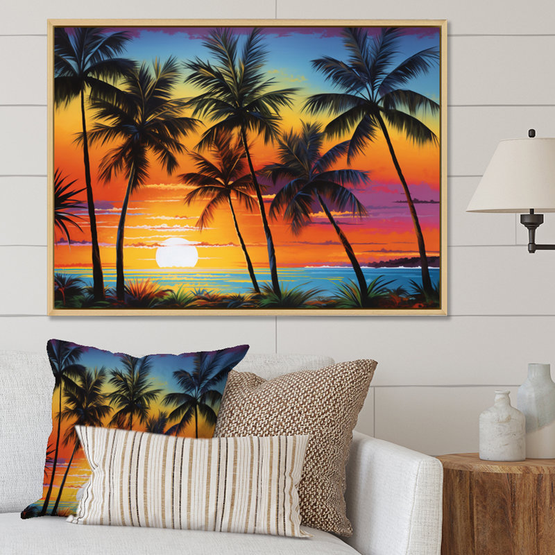 «Colorful Bold Palm Trees Landscape IV - Palmiers et palmiers», art encadré, Cadre flottant érable