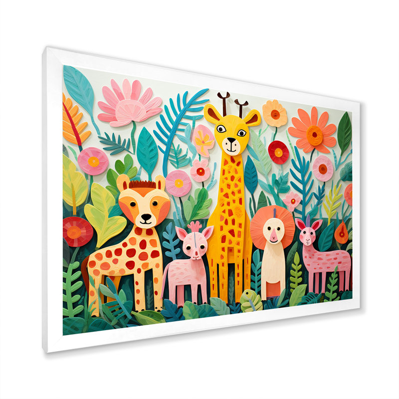 Colorful cute Animal Nursery I - Animal Nursery Framed Wall Art, 24" H x 32" W x 1" D, White Closed Corner Framed