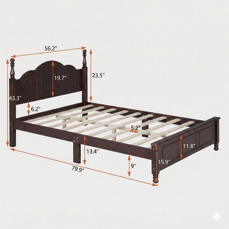 Structure de lit plateforme en bois noyer foncé pleine grandeur de style rétro avec support en lattes de bois