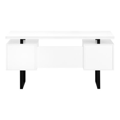 Contemporary Computer Work Desk With Storage, 60"l, White Laminate, Black Metal Home Office Laptop