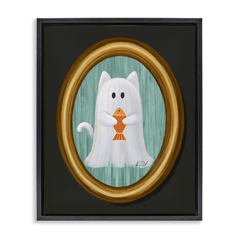 Chat fantôme avec cadre flottant poisson, design par Jennifer Stith, H 21 po x l 17 po, Cadre flottant noir de jais