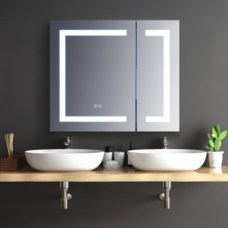Rigel LED Mirror Medicine Cabinet with Lights | Recessed or Surface Bathroom Cabinet | One Touch Built-in Defogger | Dimmer | Makeup Mirror | 2 Adjustable Glass Shelves