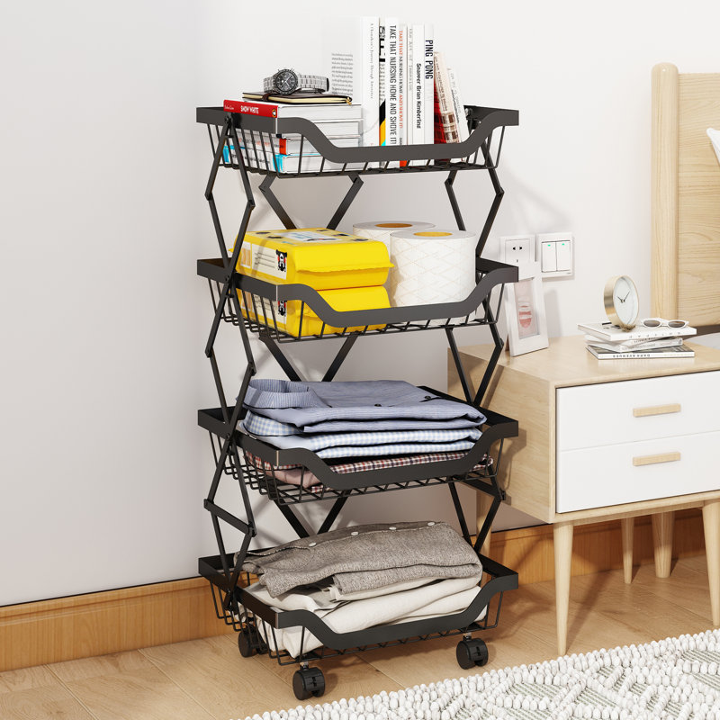 4-Tier 30'' H x 13.8'' W Utility Cart Metal Foldable Storage Rack with Wheels - No Installation Required, 4 Shelves