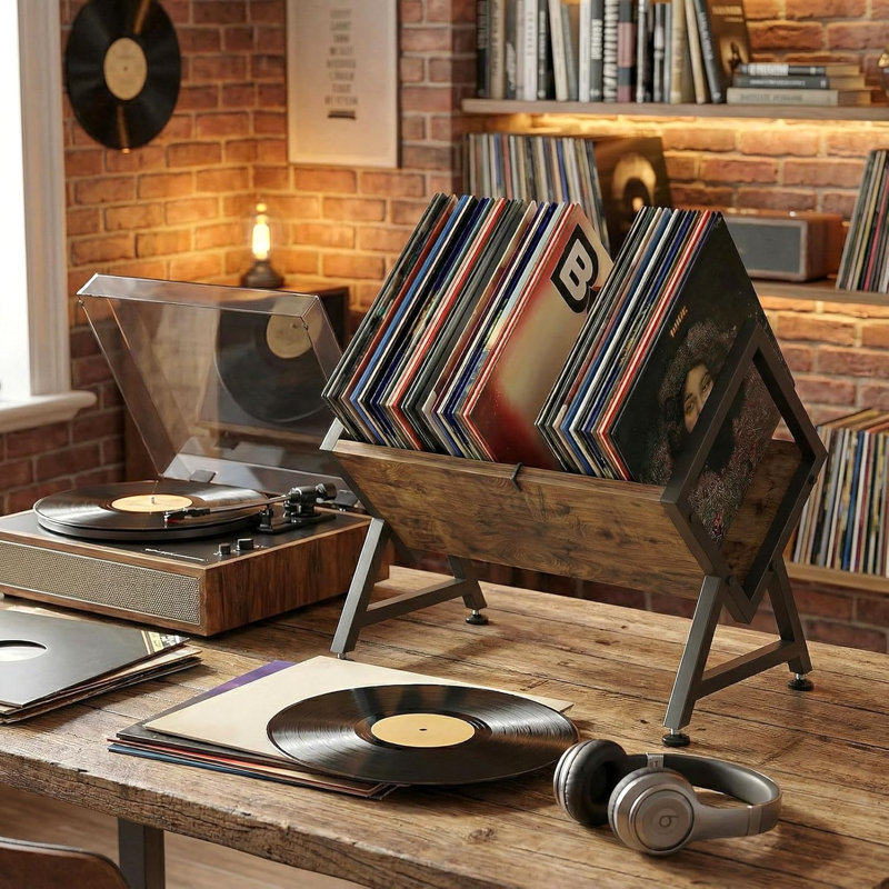 Space Saving Vertical Vinyl Record Holder, Angled Compact LP Storage Stand for Home Display Organization