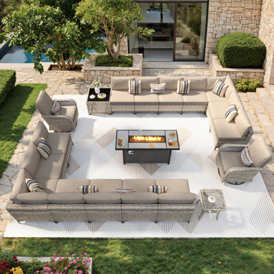 Ensemble de conversation extérieure pour 16 personnes Emroy, ensemble de conversation de patio en osier avec coussins, ensemble de canapé modulaire toutes saisons avec foyer pour jardin, cour arrière