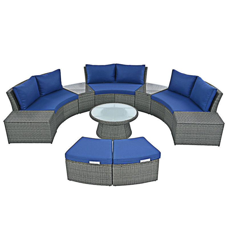 Ensemble de 10 canapés modulaires d'extérieur, Coussin bleu / cadre gris clair