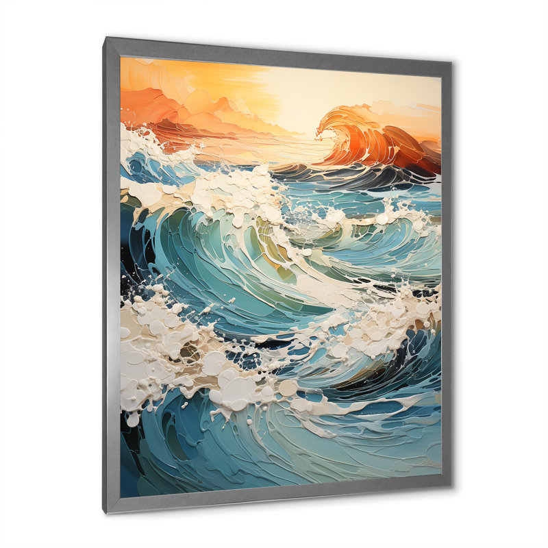 Teal Waves Fight II - Nautique et plage, reproduction d'art sur toile, H 32 po x l 24 po x P 1 po, Cadre photo argenté