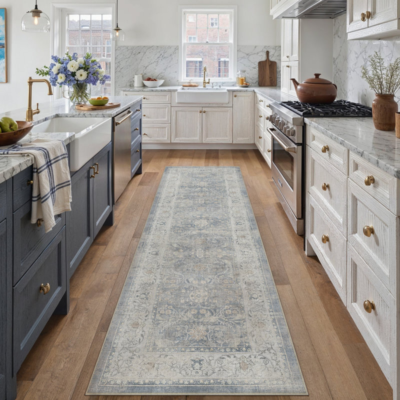 Bremerton Vintage Washable Blue Area Rug With Non-Slip Backing, Runner 2' x 8', Blue