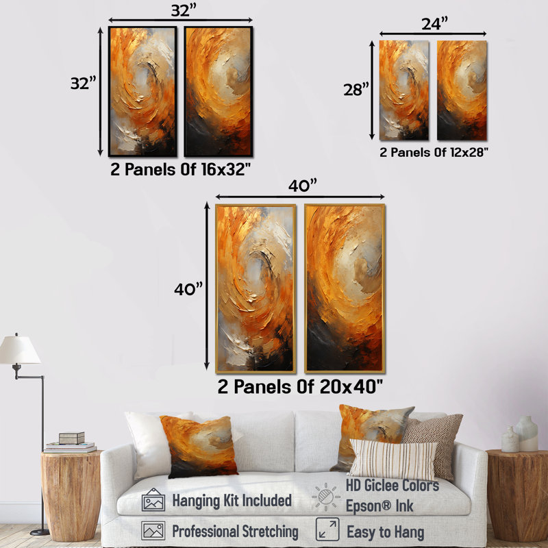 «Gold Orange Desert Mirage Spiral», ensemble d'art mural sur toile à spirales abstraites, Toile tendue, H 28 po x l 25 po