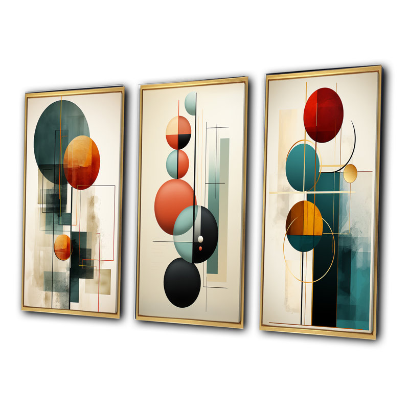 «Rising With The New Moon Geometrics Retro Blue», 3 pièces, Cadre flottant doré, H 20 po x l 36 po