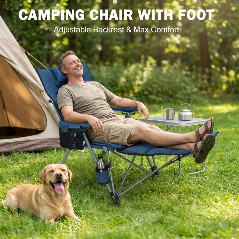 Chaise de camping pliante réglable - 5 angles réglables avec repose-pieds amovibles, coussin rembourré, porte-gobelet et sac de transport, capacité de 500 lb - Bleu