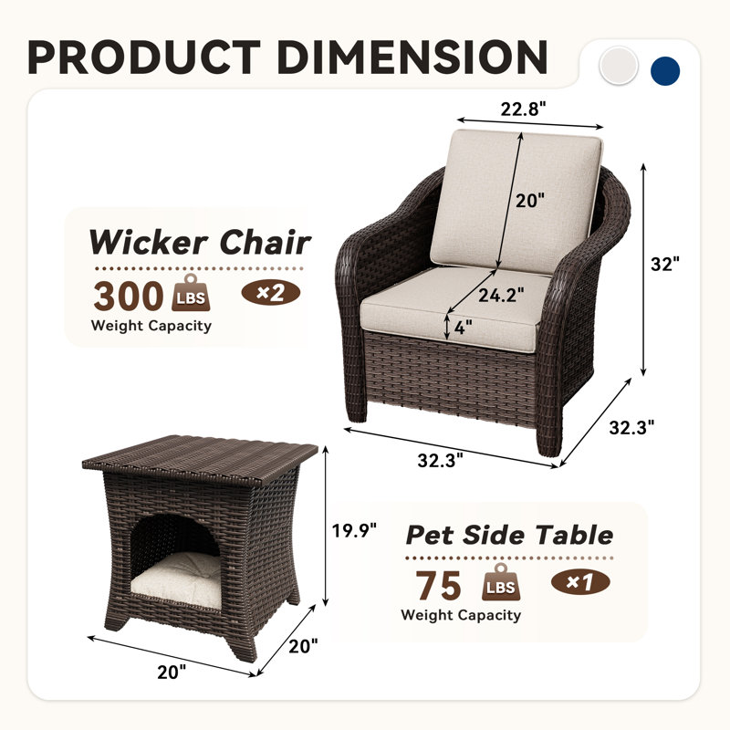 Ensemble de patio 3 pièces en osier avec table pour animal de compagnie intégrée, Beige