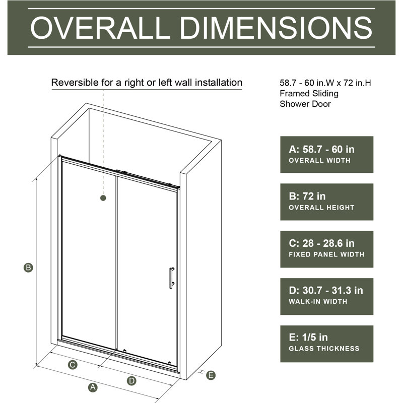 60 In Width X 72 Height Single Sliding Shower Door, 1/5" Thick Tempered Glass, Matt Black, Durability Exceptional