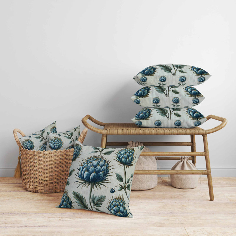 Coussin en suède Thistle Garden, Bleu / Vert, Carré 26 po