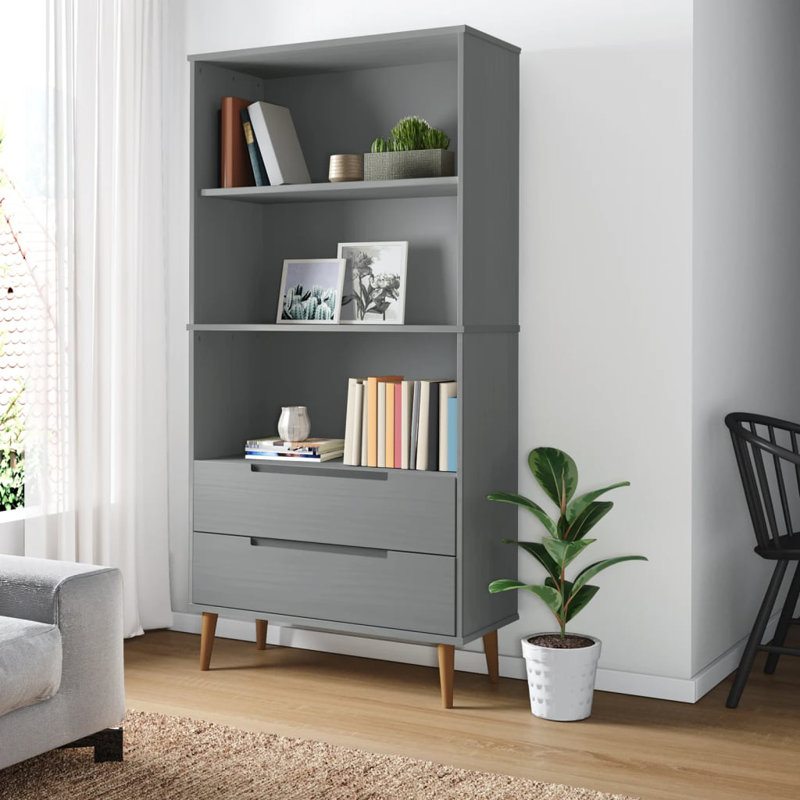 Dowe Solid Wood Bookcase, (3 Shelves) 170.5cm H x 85cm W x 35cm D, Grey