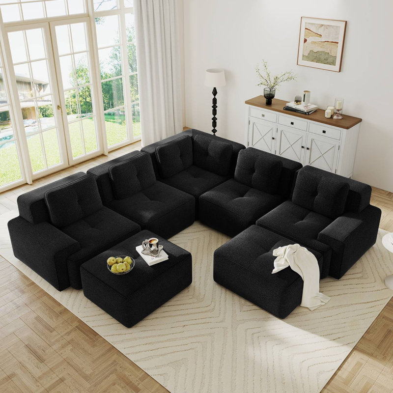 Canapé modulaire surdimensionné en velours côtelé de 116 po avec coin et repose-pieds, Velours côtelé noir