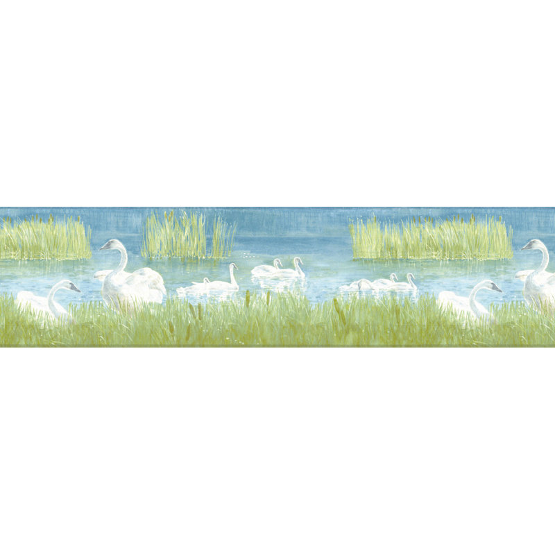 Bordure de papier peint pré-encastré - cygnes bleus, blancs, verts, bleus, bordure rétro, 15 pi X 7 po
