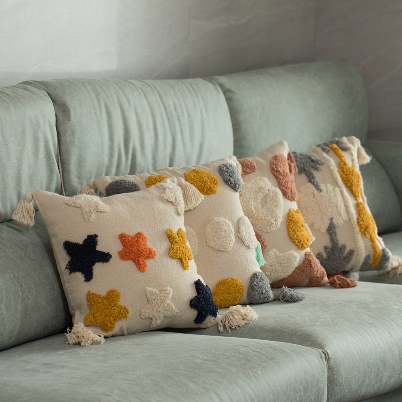 16'' Multicolor Cotton Throw Pillow with Tufted Design and Tassels