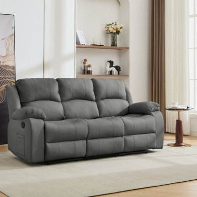 Faux Leather Recliner Sofa Set,Modern Manual Reclining Leather Sofa Set for Three People-Gray