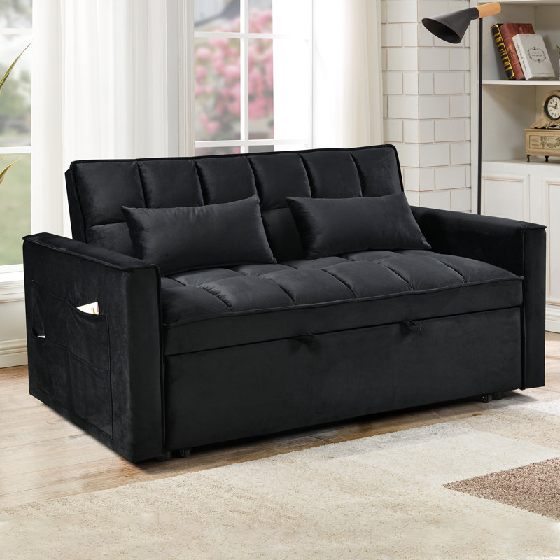 Darius 3-in-1 Convertible Velvet Sleeper Loveseat with Reclining Backrest, Black