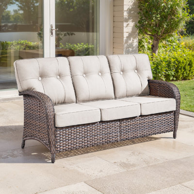 Agnes 75" Outdoor Wicker Rattan Patio Sofa With T-Shape Back Cushions And 5" Thick High-Resilience Foam