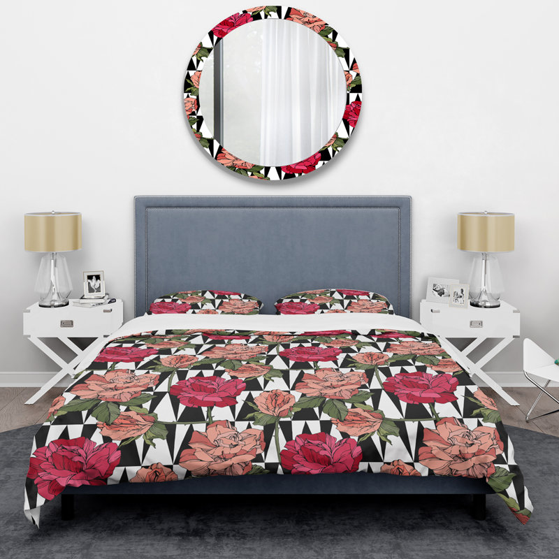 Roses rouges et feuille verte - ensemble de housse de couette à motif floral - microfibre de polyester