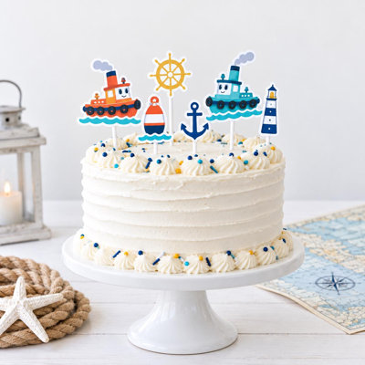 Harbor Tugboats Cake Decorations, Orange and Teal Boat Birthday Cake Picks