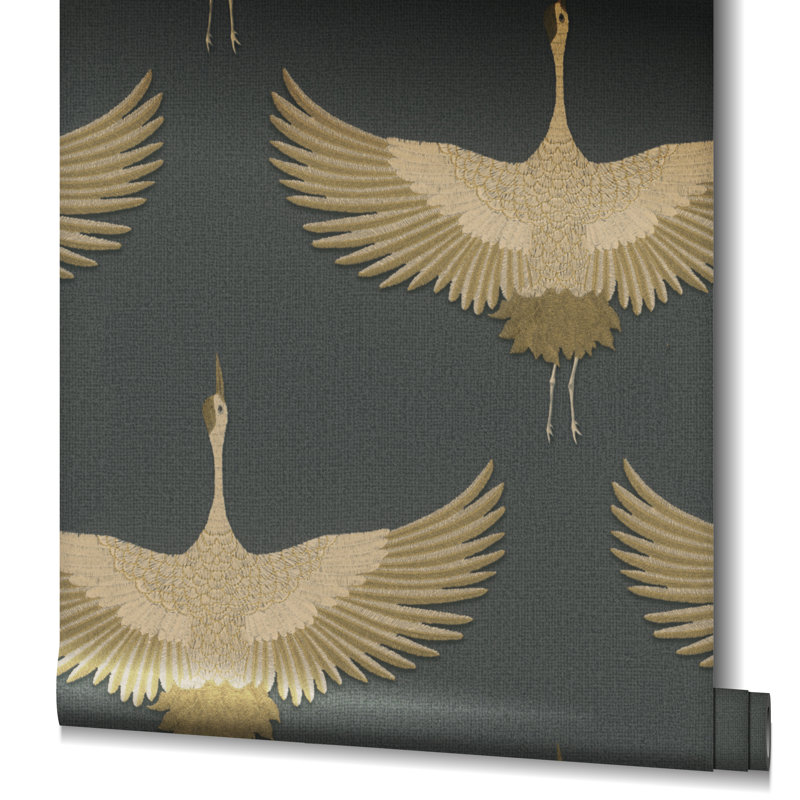 Amariyana Collection Textured Stork Design Wallpaper Roll, Black/Gold