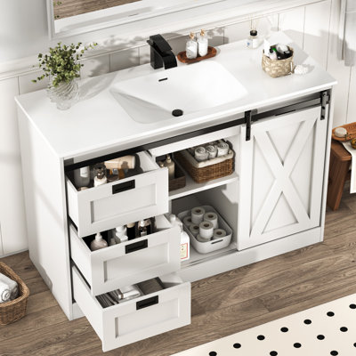 48" Bathroom Vanity With Matte Resin Basin, Faucet, Sliding Barn Door And 6 Drawers