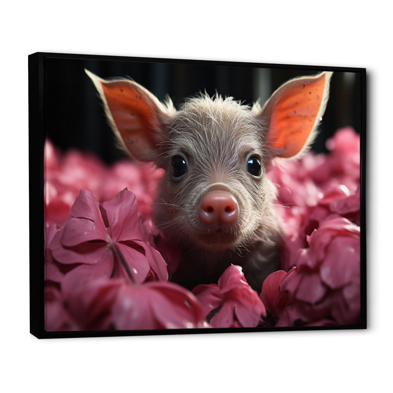 Pink Curious Pig I - Animals Canvas Wall Art, H 34 po x l 44 po x P 1,5 po, Cadre flottant noir
