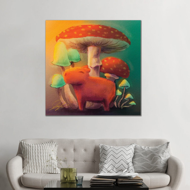 Capybara et champignons - reproduction d'art mural - toile tendue, 48 po x 48 po, Toile tendue avec châssis, Sans cadre