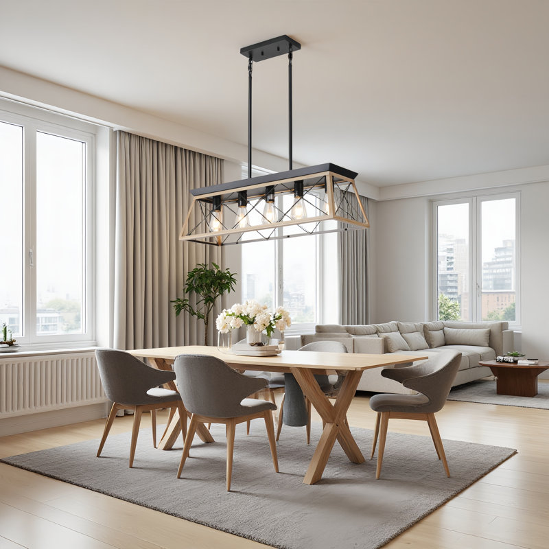 5 - Light Kitchen Island Linear Pendant with Wood Accents, Matte Black/Oak