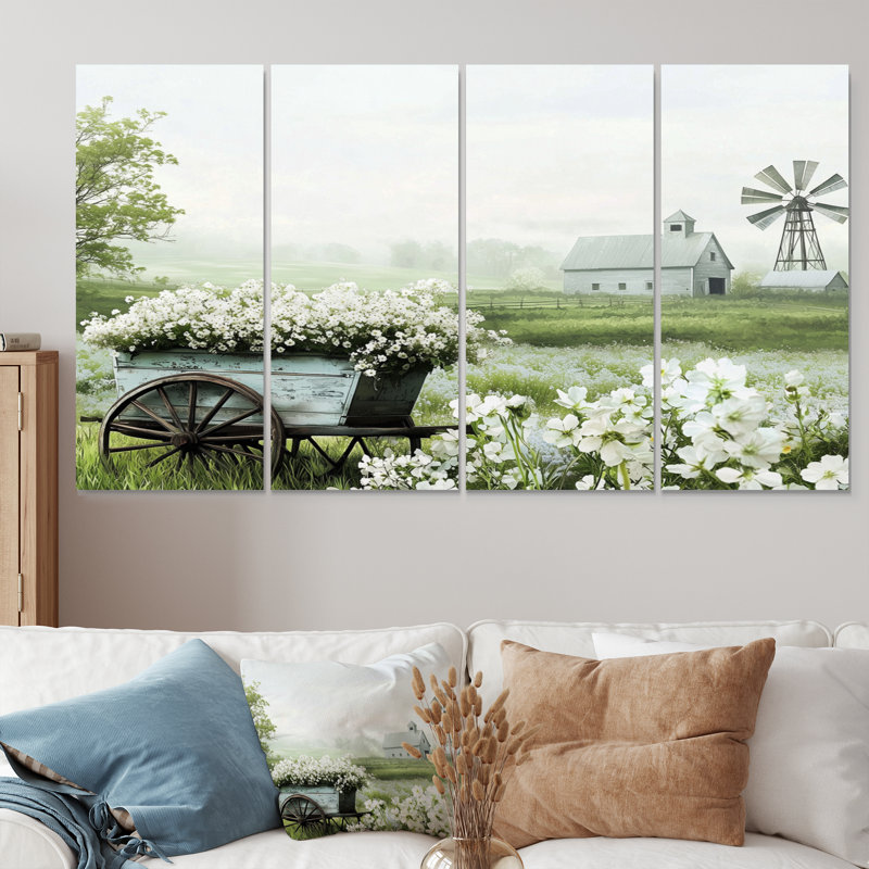 «Farm Landscape Flowers In White & Green Tones I» - Ensemble de décoration murale de ferme, H 32 po x l 64 po