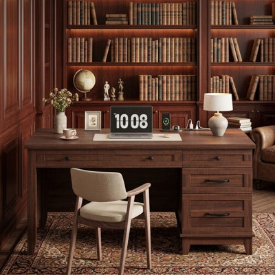 Executive Desk with Drawers, Farmhouse Home Office Desk with Charging Station, 53.54" Wooden Computer Desk with File Cabinet Storage for Work Study Writing