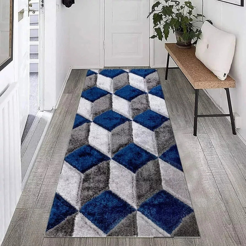 Shaggy Rug Blue Large Living Room Carpet & Extra Long Hallway Runner Modern Geometric Non Slip Bedroom Area Rug