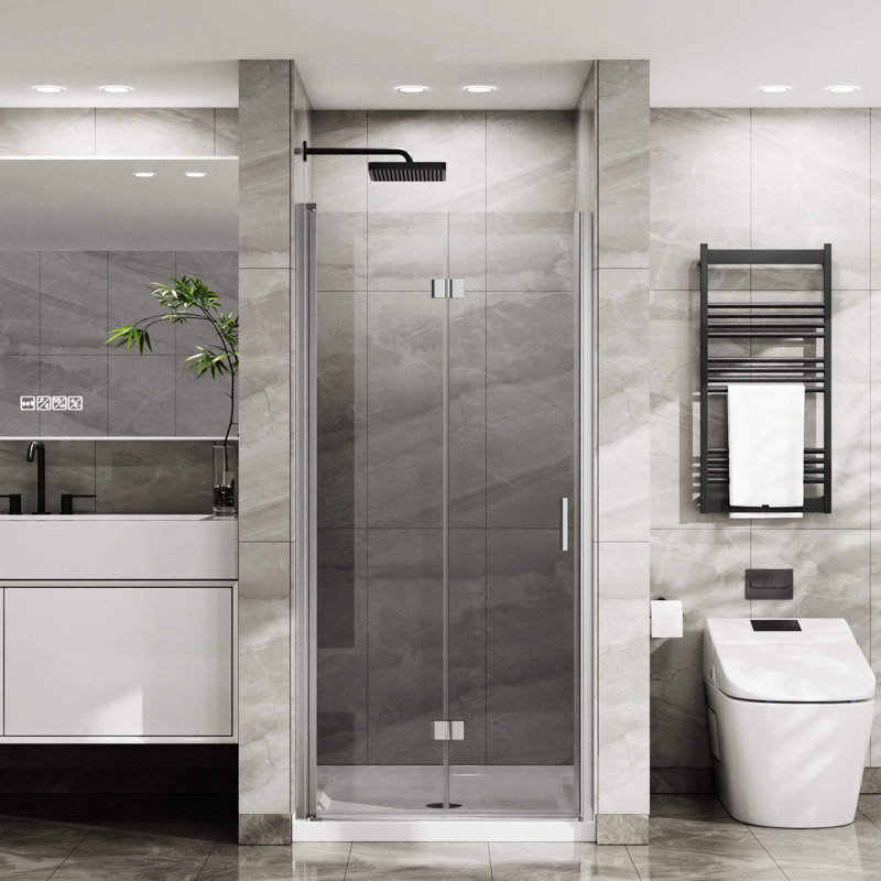 Porte de douche de 34 po x 72 po avec base en acrylique blanc, verre trempé transparent de 1/4 po, aluminium, poignée robuste, bandes d'étanchéité en verre pour prévenir les fuites, salle de bain propre