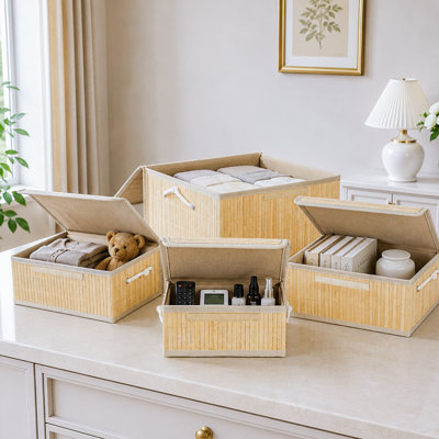 Ensemble de 4 paniers de rangement en bambou naturel avec couvercles et poignées, bacs de rangement décoratifs gigognes pour placard, chambre à coucher et salon