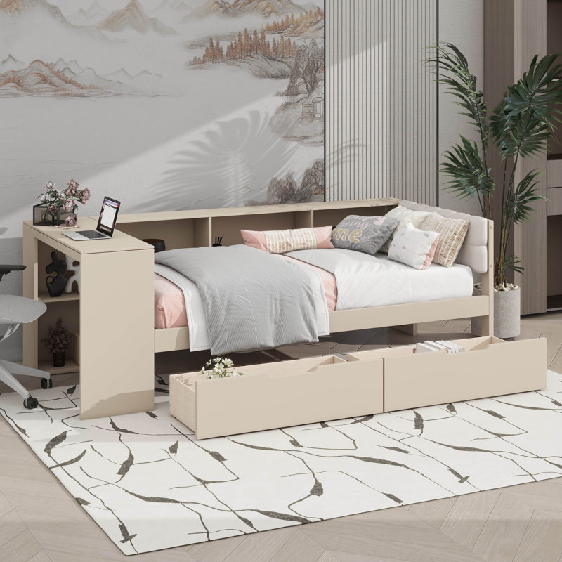 Lit plateforme avec tablettes, tiroirs, port de charge et tête de lit tapissier, Simple, Crème, crème