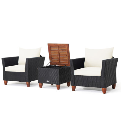  Set of 3 Rattan Bistro Furniture Set Wooden Table Top Cushioned Sofa Patio