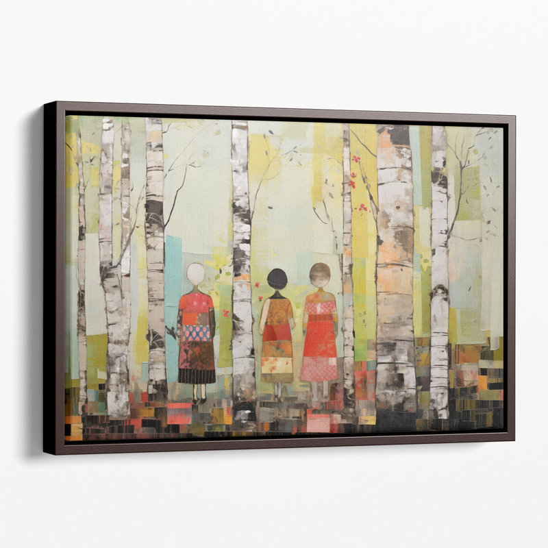 Trio près de bouleaux, impression d'art mural, Cadre flottant noir, H 32 po x l 48 po x P 1,25 po