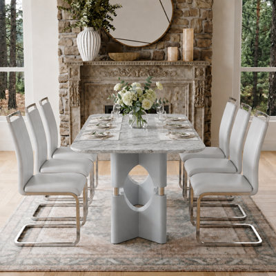 71'' Faux Marble Dining Table Set With Upholstered Chairs, Seats 6 Or 8