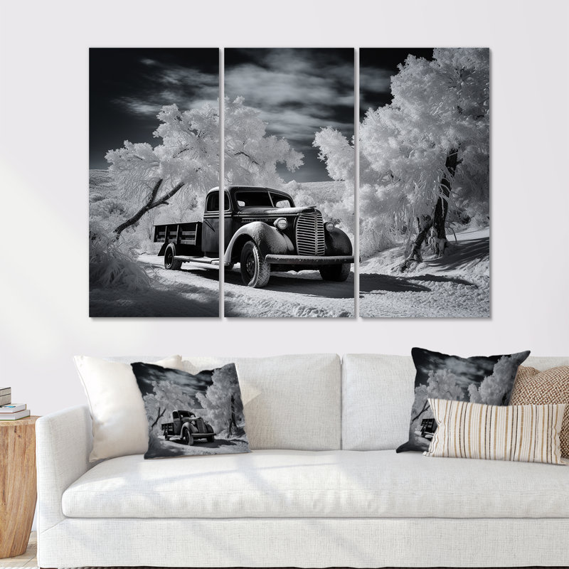 Charme de camion noir et blanc en hiver - ensemble d'art mural camionnette, H 40 po x l 60 po x P 1 po