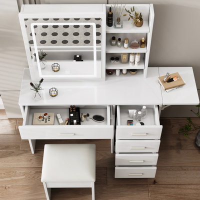 Fashion Vanity Desk with Mirror and Lights for Makeup with open shelves and Chair, Vanity Mirror with Lights and Table Set with 3 Color Lighting Brightness Adjustable, 5 Drawers, White Color