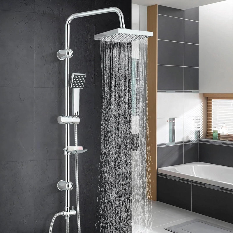 Chrome Shower Kit Twin Head 2 Mixer Shower Heads Rail Hose Riser Square Bathroom Set
