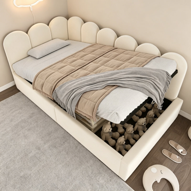 Upholstered Daybed With Hydraulic Storage, Twin Size, Velvet Fabric, And Metal Slatted Frame For Small Spaces, Beige