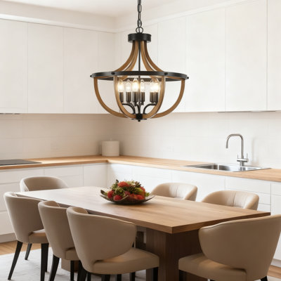 Lustre de ferme 6 lumières à hauteur réglable - Luminaire suspendu rétro en fer noir et grain de bois pour îlots de cuisine, salles à manger et espaces commerciaux